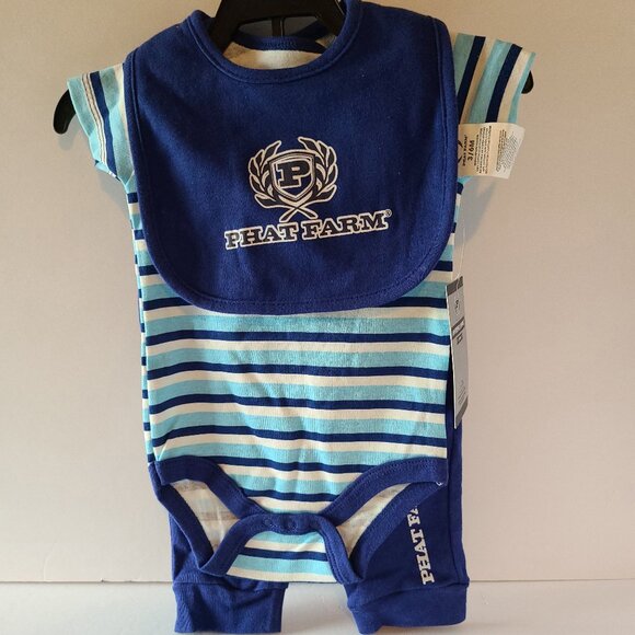 PHAT FARM BABY 3-PIECE NAVY/WHITE/LIGHT BLUE STRIPED TOP & NAVY PANTS SIZE 3-6M - Picture 1 of 16